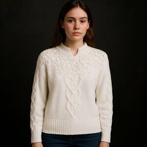 Sarah Taylor Collection VTG SZ M Cable Knit Cream Sweater Crochet Pearls 80's